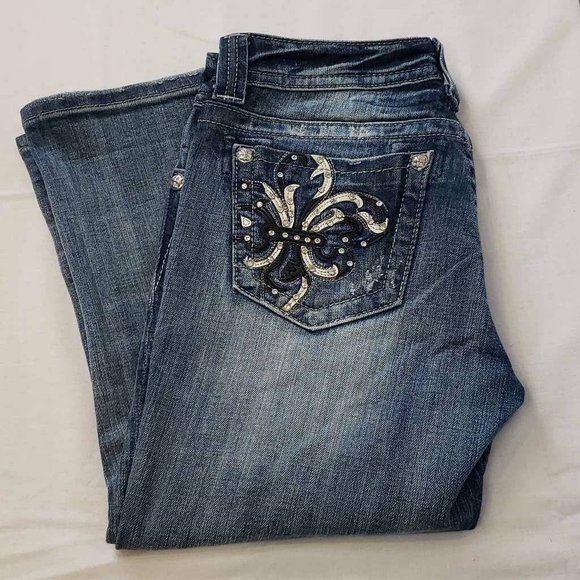 Miss Me Womens Easy Cropped Jeans Blue Stretch Embroidered Medium Wash Denim 28 - Picture 1 of 12